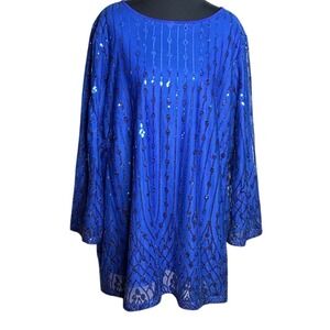 Bob Mackie Wearable Art Blue Sequined Mesh Tunic Top XL 3/4 Sleeve Boat Neck